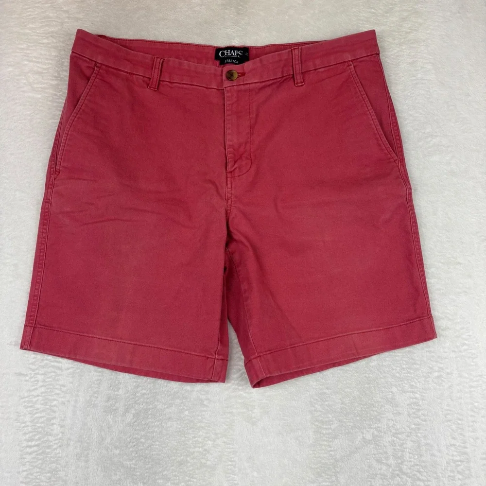 Chaps Mens Stretch Chino Shorts Salmon Pink Coral Size 34 Flat Front Casual